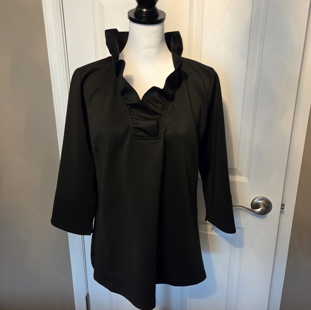 Gretchen Scott Goddess Elegant Black Ruffle Collar Women's Top